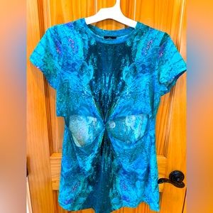 LIBERATED HEART BLUE AND GREEN DRESS - front knot split dress - Size M - comfy